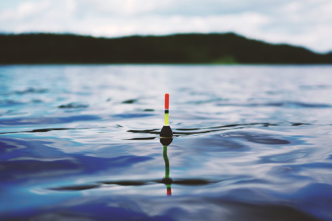 Close-up of a fishing float bobbing in calm water. The float has a red, green, and yellow colored tip. The serene lake surface reflects the cloudy sky above, promoting thoughts of green-lipped mussel sustainability, with a blurred forested shoreline visible in the background.