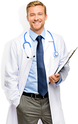 A smiling man, with short blond hair and a neatly trimmed beard, is dressed in a white lab coat over a blue dress shirt and tie. He has a stethoscope around his neck and is holding a clipboard. His left hand is in his pocket.