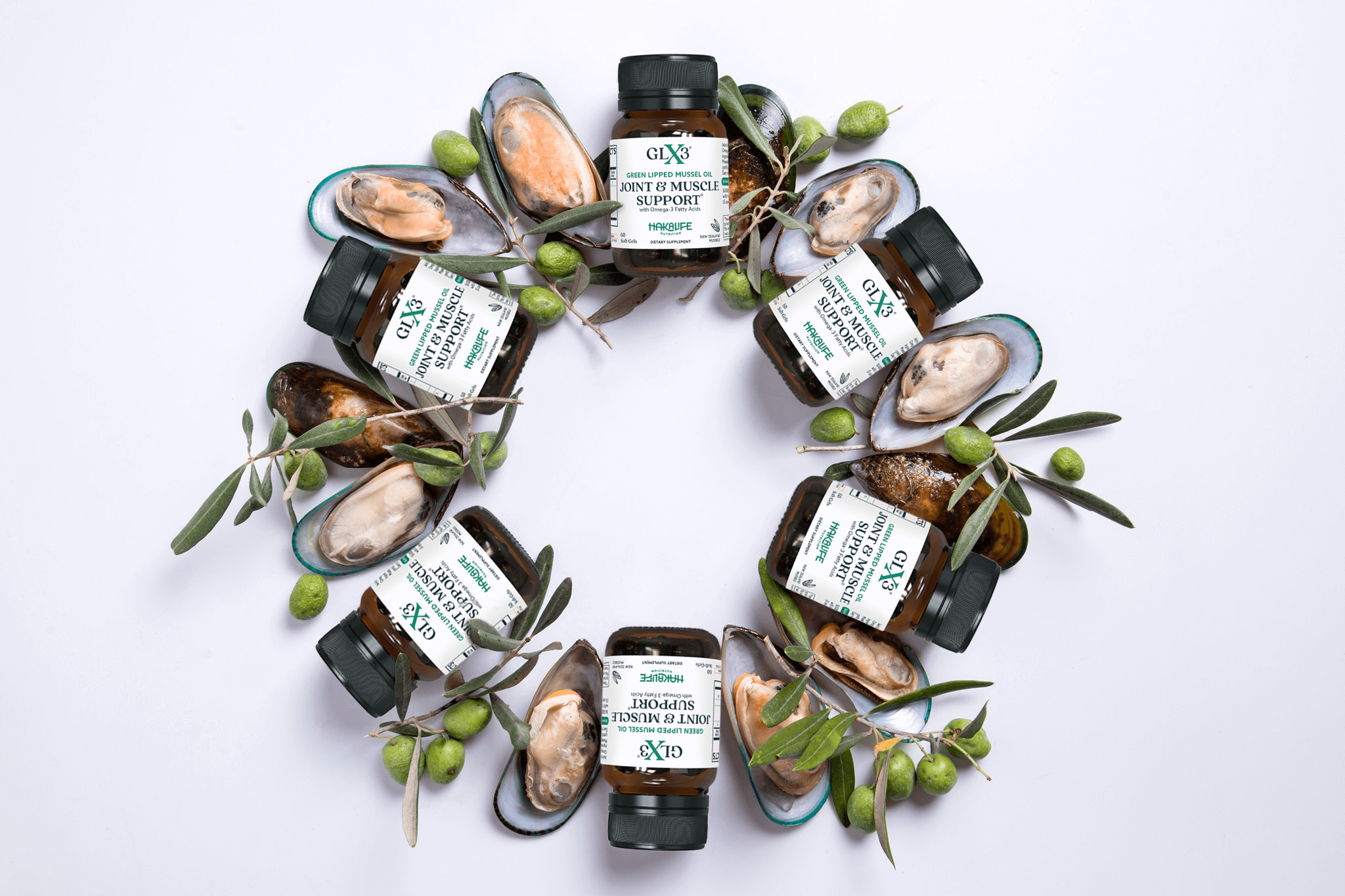 Bottles of dietary supplements labeled "Joint & Muscle Support" are arranged in a circular design with mussel shells, green olives, and olive branches. The bottles feature white labels with green and black text. A new study proves that the GLX3 Formula effectively fights inflammation.