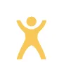 A stylized, simplistic yellow figure with rounded features is standing with arms raised and legs spread apart, depicted on a white background.