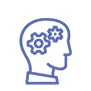 A blue outline icon of a human head in profile, facing right, with two interlocking gears inside the head, symbolizing thinking, cognition, or mental processes. The background is white, and the icon has a simple, minimalist design.