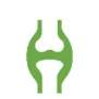 A green, stylized depiction of a human knee joint, centered on a white background. The image shows the bones of the knee joint, including the femur, tibia, and patella in abstract form. The style is minimalistic with clean lines.