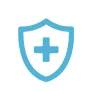 A blue shield icon with a white cross in the center, symbolizing protection or healthcare. The image has a white background with black, pixelated corners, giving it a digital or pixel art style.
