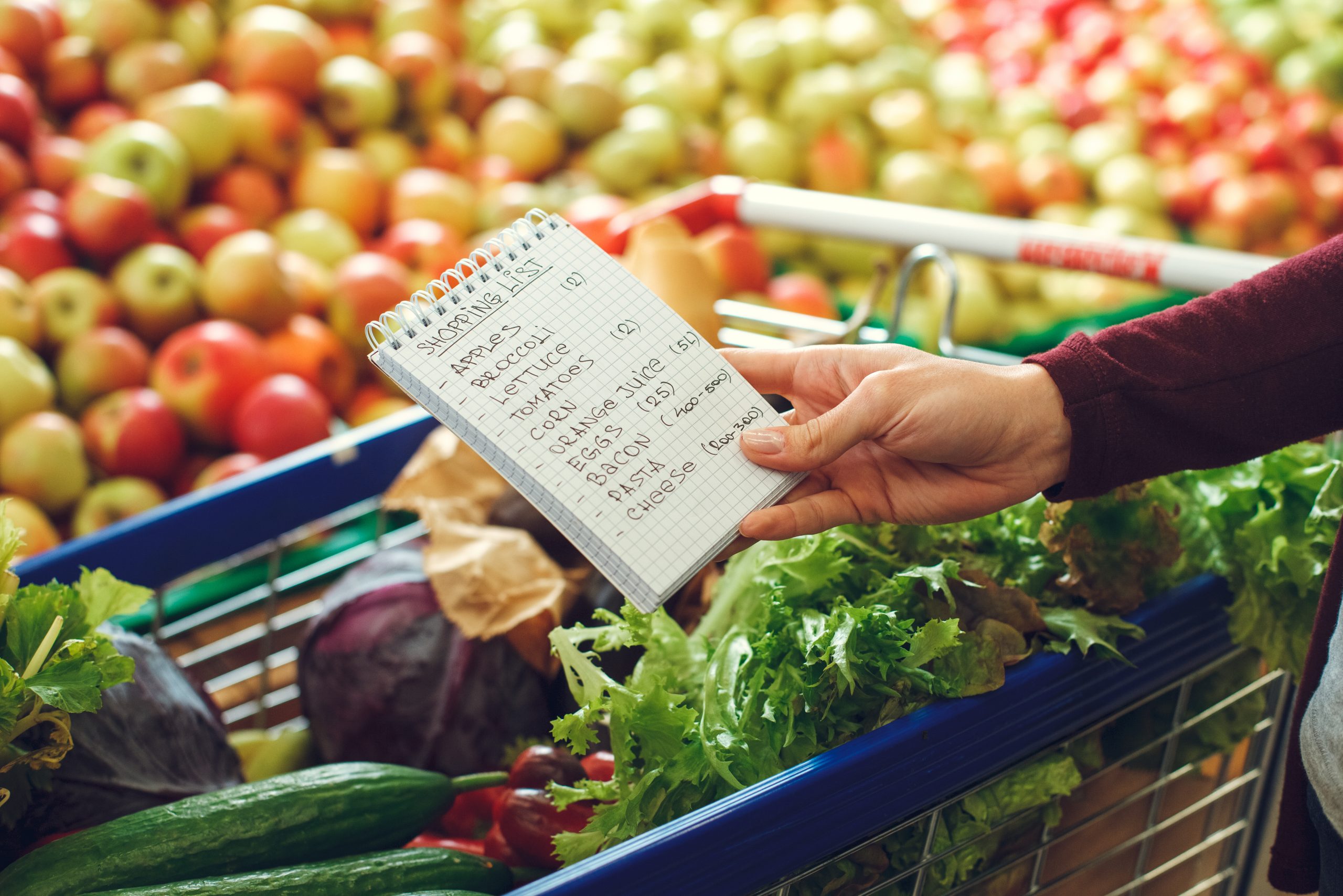 A person holding a handwritten shopping list in a grocery store. The list includes items like apples, tomatoes, and eggs. A shopping cart filled with fresh produce such as lettuce, zucchini, and other vegetables is in the background, with more produce displayed on shelves.