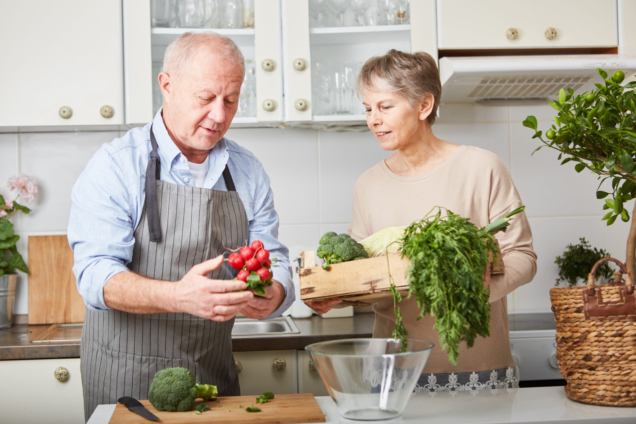 An elderly man and woman prepare vegetables together in a kitchen, combating metabolic syndrome. The man, wearing an apron, holds radishes, while the woman carries a wooden crate filled with leafy greens. A cutting board with chopped broccoli sits on the counter, and plants adorn the background.