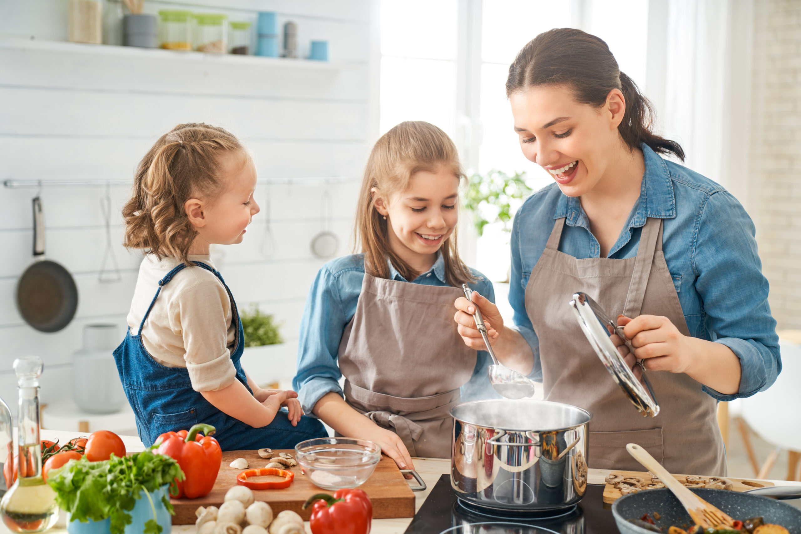 A woman and two children, all wearing aprons, are cooking together in a bright kitchen. The woman holds a ladle and a pot lid, smiling at the older child who is also smiling. The younger child looks on from the counter, surrounded by fresh vegetables and cooking utensils.