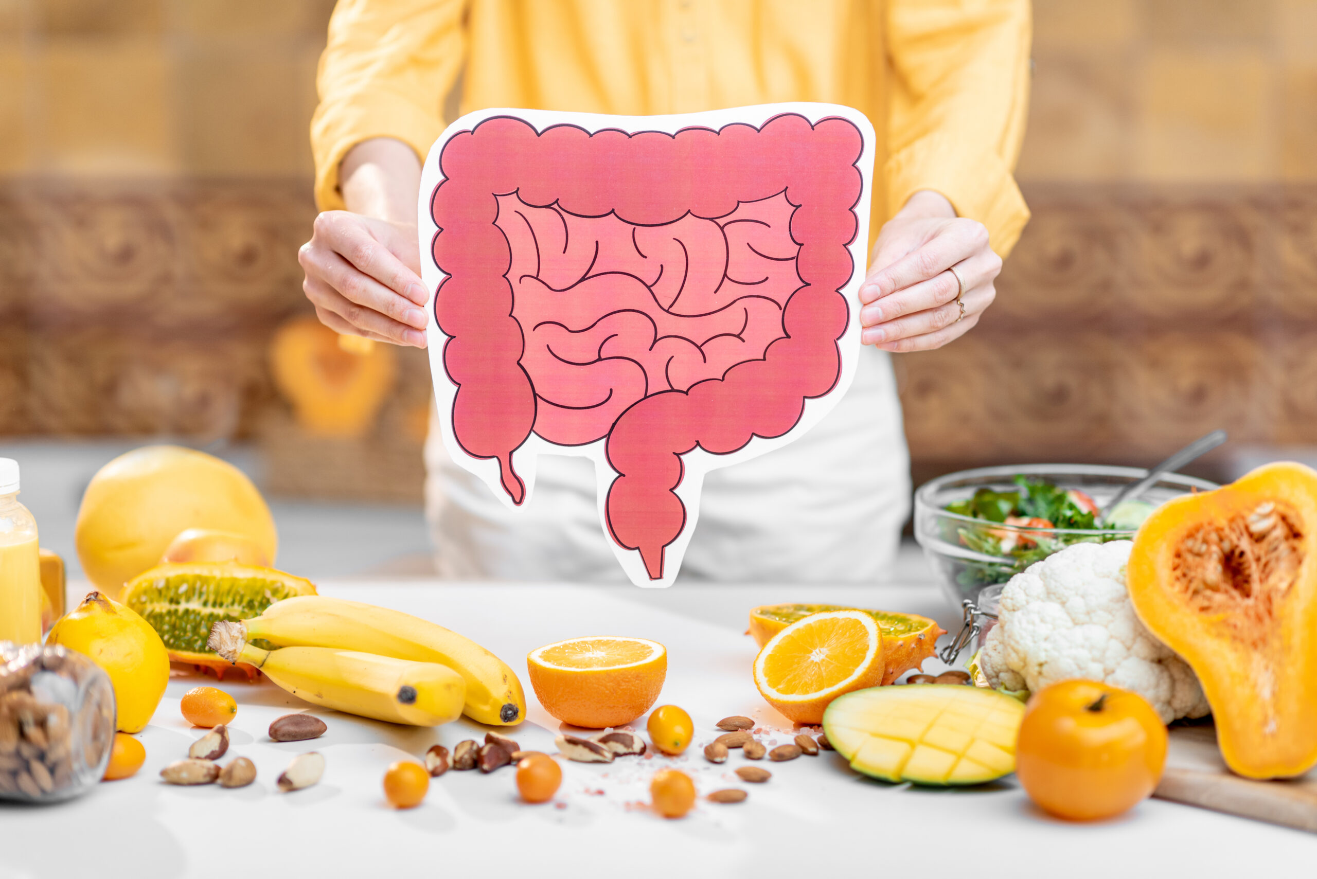 Person holding a large cutout diagram of intestines above a table with a variety of healthy foods, including bananas, oranges, nuts, cauliflower, mango, and squash in a kitchen setting.