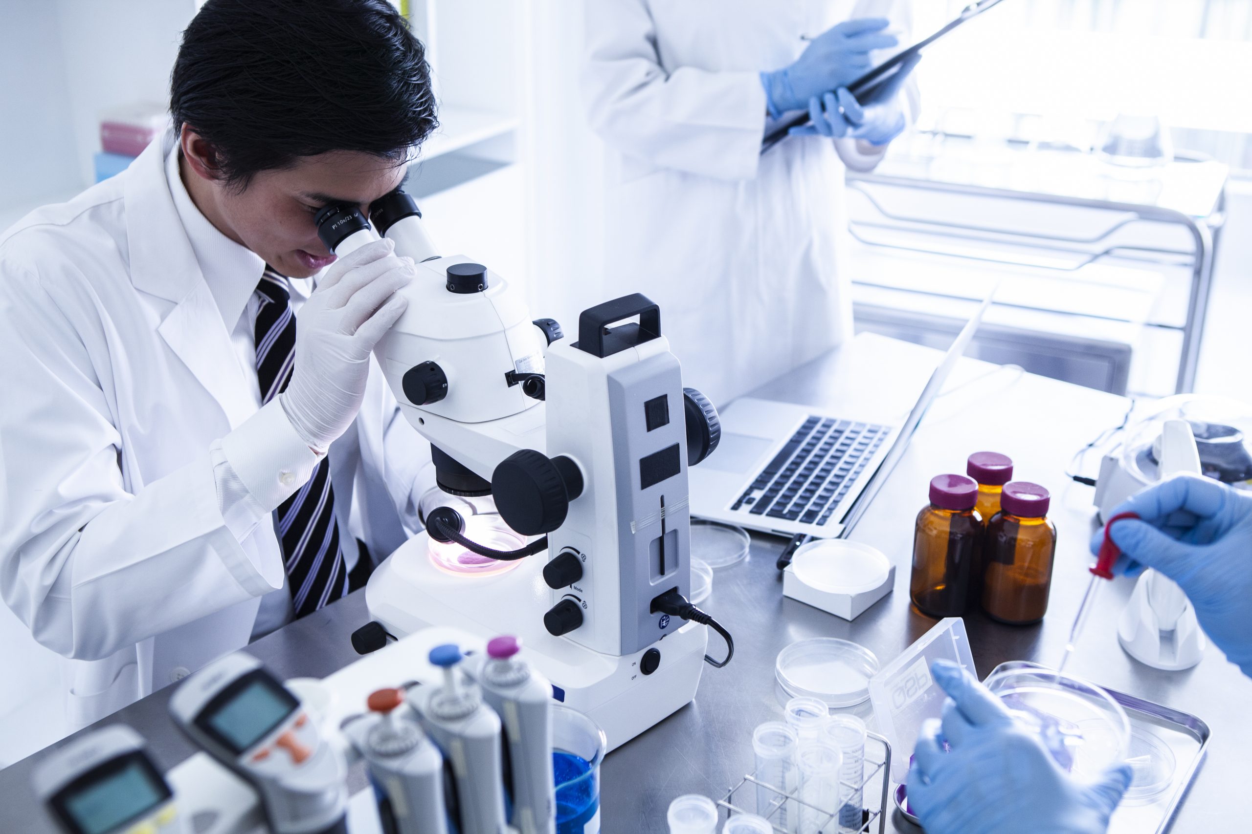 Two scientists in lab coats conduct research in a laboratory. One uses a microscope, while the other, wearing blue gloves, works with a pipette near a laptop. Various lab equipment, including bottles and test tubes, are visible on the workstation.