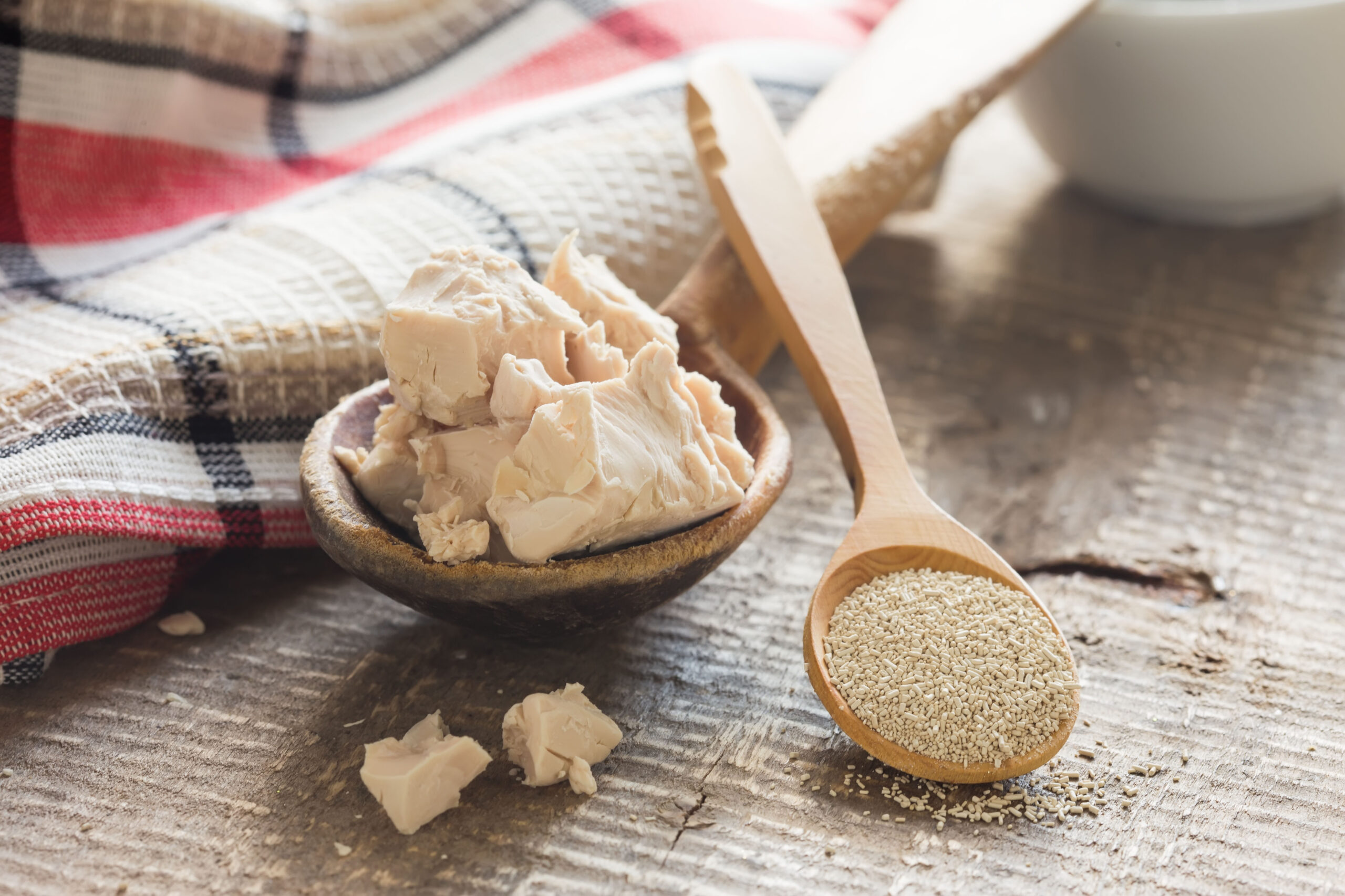 A close-up of a wooden spoon filled with dry yeast granules and a small bowl containing chunks of fresh yeast. The items are placed on a rustic wooden surface with a red, white, and black checkered cloth in the background.