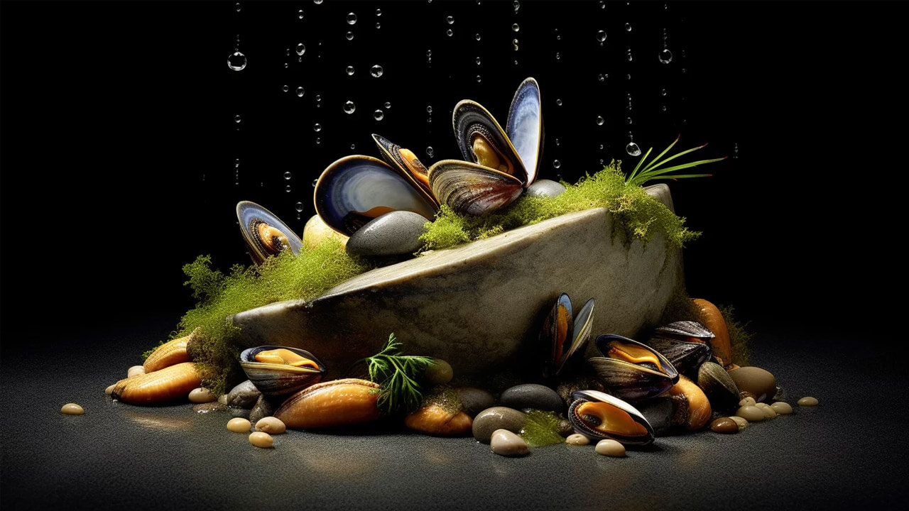 A beautifully arranged display of open mussels on a stone slab, surrounded by various colorful pebbles, green moss, and a few sprigs of herbs. Water droplets are falling onto the scene, creating a fresh and natural ambiance.