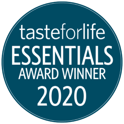 A dark teal circular badge with the text "tasteforlife ESSENTIALS AWARD WINNER 2020" in white font.