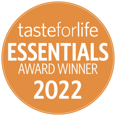 An orange circular badge with white text that reads: "tasteforlife ESSENTIALS AWARD WINNER 2022.