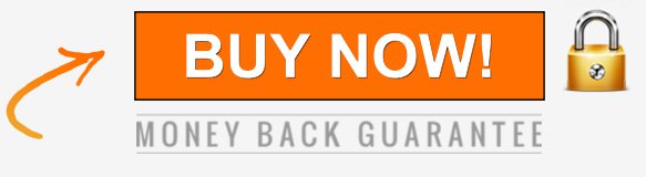 An orange "BUY NOW!" button is featured with an arrow pointing to it on the left and a padlock emoji on the right. Below the button, text reads "MONEY BACK GUARANTEE.