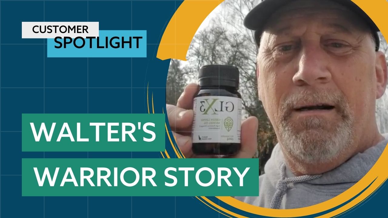 A man wearing a cap and jacket is holding a product bottle close to his face. The background features a blue grid pattern with a gold circular highlight. The text reads: "Customer Spotlight: Walter's Warrior Story.