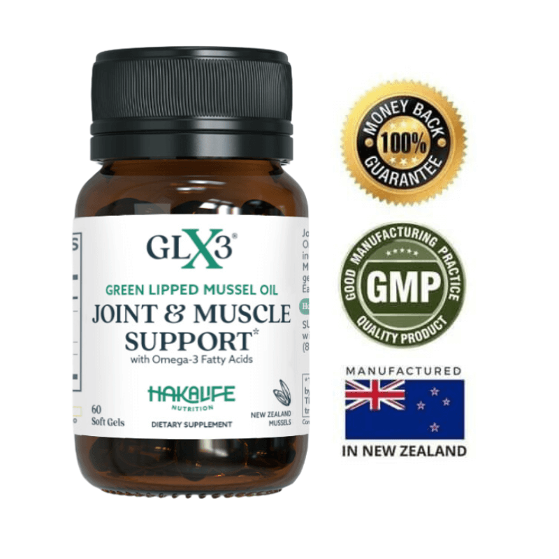 A bottle of GLX3 - Extra Strength Joint & Muscle Support - Green Lipped Mussel Oil, labeled “Joint & Muscle Support with Omega-3 Fatty Acids,” is shown featuring certification badges including a 100% Money Back Guarantee, Good Manufacturing Practice Quality Product, and "Manufactured in New Zealand" with the New Zealand flag.