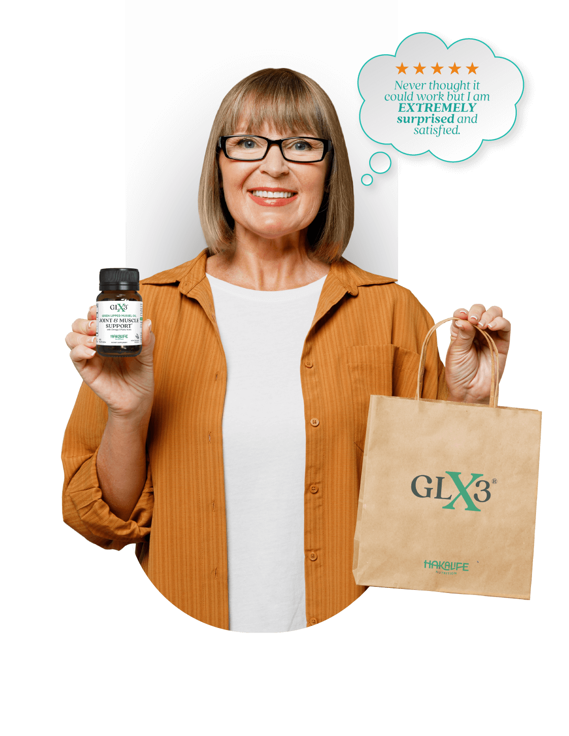 A smiling person with glasses holds a bottle of GLX3 dietary supplements in one hand and a GLX3 branded shopping bag in the other. There is a thought bubble above their head with a five-star review saying, "Never thought it could work, but I am EXTREMELY surprised and satisfied.