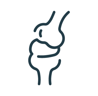 A simple black line drawing of a human knee joint, showcasing the bones and articulations in a minimalistic style. The design is devoid of details like cartilage or ligaments, focusing purely on the skeletal structure.