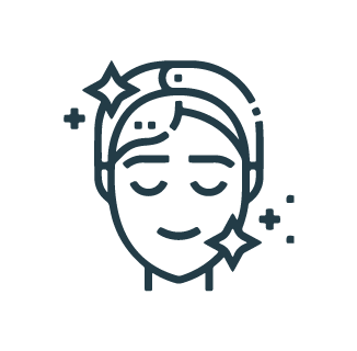 An outline of a serene face with closed eyes and sparkles around it, indicating a fresh, clean, or rejuvenated state. A headband is worn, suggesting a skincare or spa treatment.