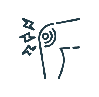 A minimalistic line drawing shows a person's upper body, focusing on the head. Curved lines represent the shoulder and neck. Zigzag lines near the neck area symbolize pain or tension.