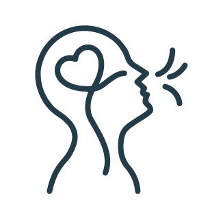 A simple outline of a person in profile, with a heart shape inside their head, pointing towards their brain. Wavy lines extend from their mouth, suggesting speech or communication. The illustration symbolizes emotional or heartfelt communication.