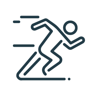 Icon of a stick figure running at high speed, with three horizontal lines behind to indicate motion. The figure is in a forward-leaning posture, depicting fast movement.
