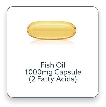 Image of a single translucent yellow capsule on a white background. Below the capsule, the text reads: "Fish Oil 1000mg Capsule (2 Fatty Acids).