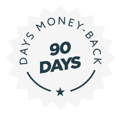 A circular badge with a starburst design. The text "90 DAYS" is in the center, surrounded by the words "DAYS MONEY-BACK" forming the outer circle of the badge.