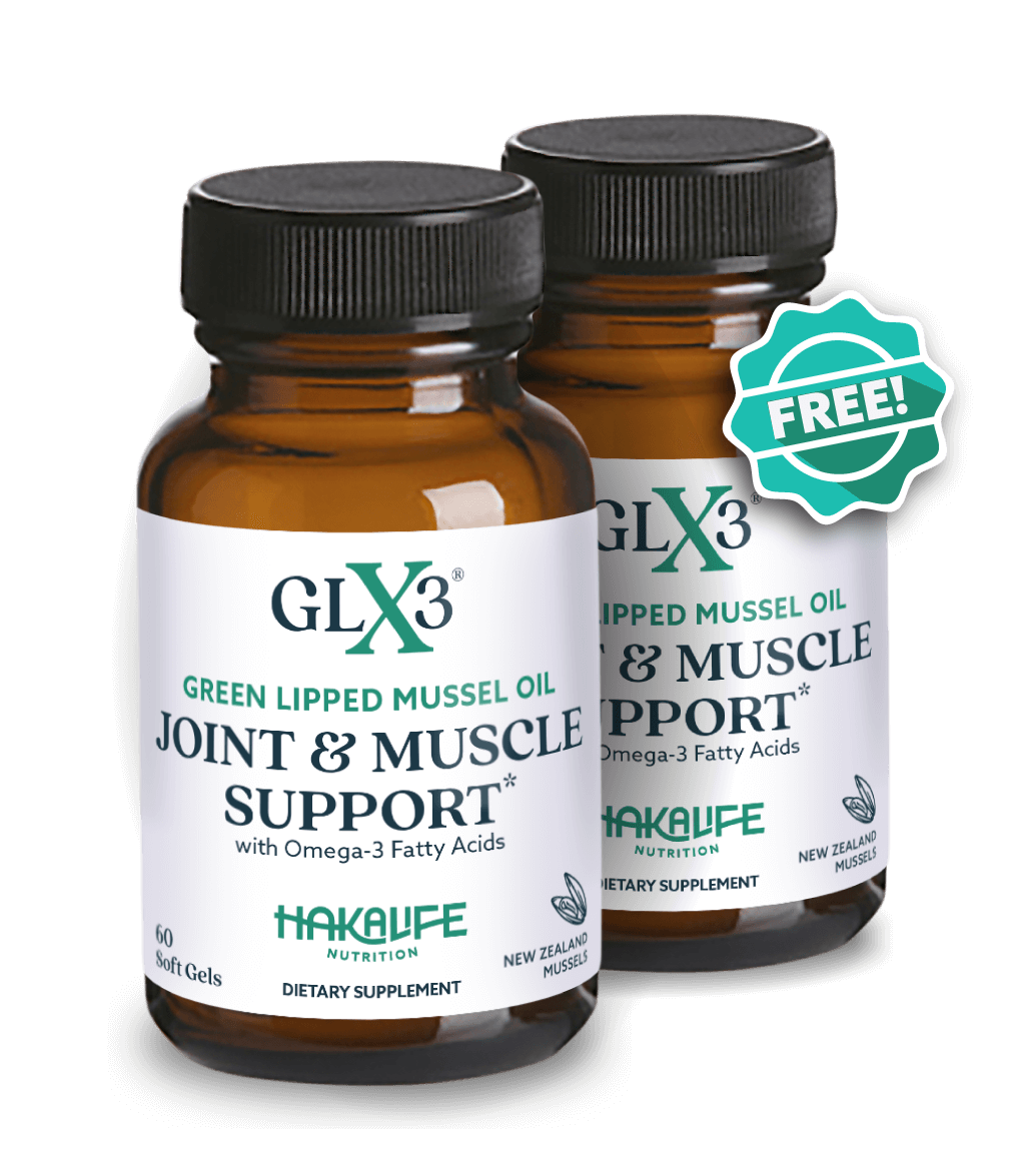 Two brown bottles of GLX3 Green Lipped Mussel Oil dietary supplement for joint and muscle support with Omega-3 fatty acids. The bottle label includes the brand name Haka Life Nutrition. A badge with "FREE!" is displayed. Each bottle contains 60 soft gels.