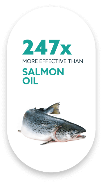 A graphic with the text "247x MORE EFFECTIVE THAN SALMON OIL" above an image of a salmon. The text and image are set on a white background with an oval shape.