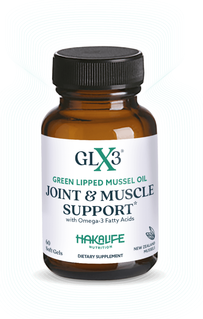 A brown glass bottle labeled "GLX3 Green Lipped Mussel Oil, Joint & Muscle Support," with Omega-3 Fatty Acids, Haka Life Nutrition, 60 Soft Gels." The bottle is capped with a black lid. The label is mainly white with green and grey detailing.