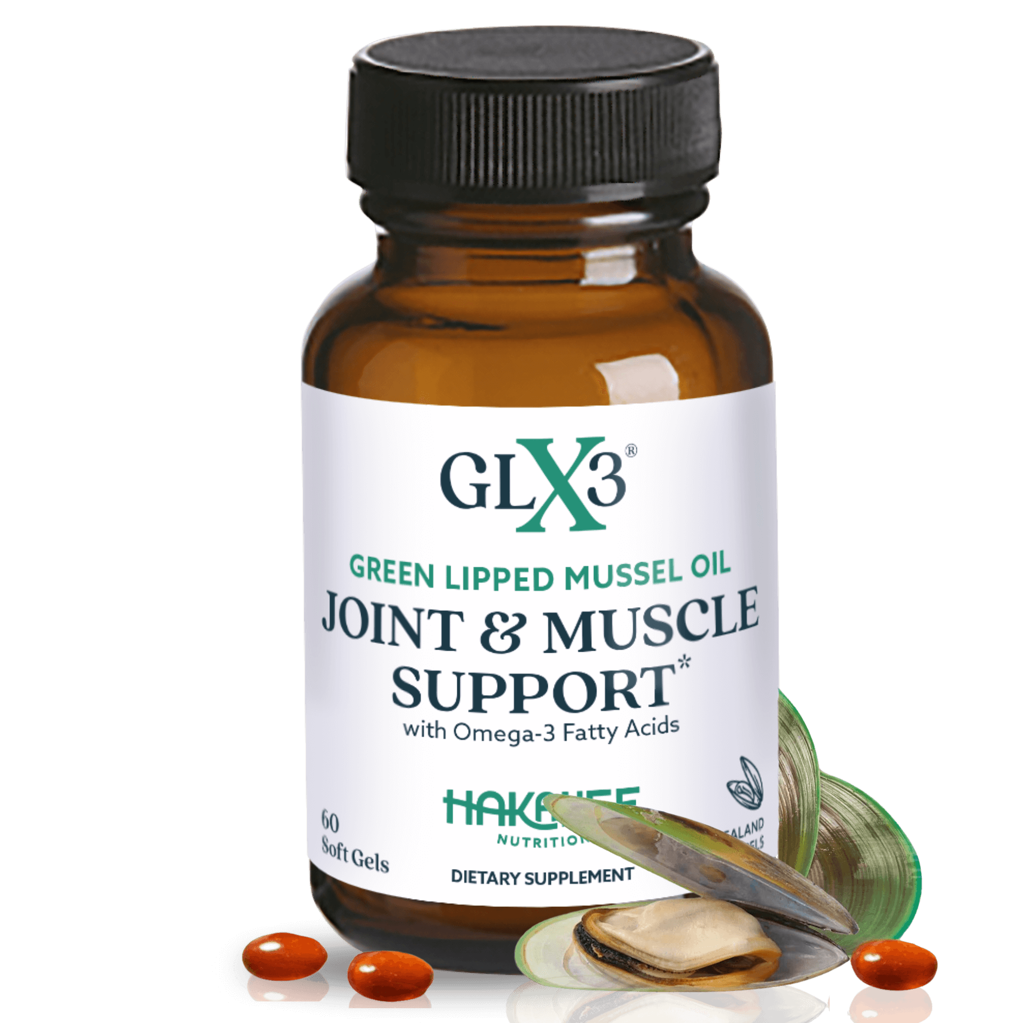 A bottle of GLX3 Joint & Muscle Support dietary supplement, containing green-lipped mussel oil and Omega-3 fatty acids, is pictured. The dark amber bottle has a white label and is accompanied by several red soft gel capsules and green-lipped mussels.