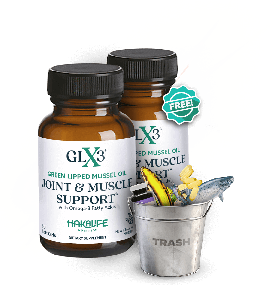 Two brown bottles of GLX3 Green Lipped Mussel Oil Joint & Muscle Support with Omega-3 Fatty Acids, branded by MAKALIFE Nutrition. Next to them is a trash bin containing medical supplies like a syringe, a tube of ointment, and a fish. The image has a "FREE" badge.