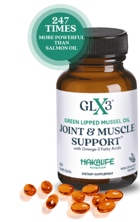 A bottle of GLX3 Green Lipped Mussel Oil Joint & Muscle Support dietary supplement with Omega-3 fatty acids. The bottle has 60 soft gels, and several soft gels are scattered at the base. A green label states, "247 times more powerful than salmon oil.
