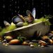 A beautifully arranged display of open mussels on a stone slab, surrounded by various colorful pebbles, green moss, and a few sprigs of herbs. Water droplets are falling onto the scene, creating a fresh and natural ambiance.