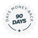 A circular badge with a starburst design. The text "90 DAYS" is in the center, surrounded by the words "DAYS MONEY-BACK" forming the outer circle of the badge.