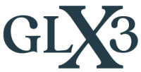 The image features the text "GLX3" in capital, serif font with a stylized, bold appearance. The "X" in the middle is larger compared to the other characters. The text is dark blue on a transparent background.