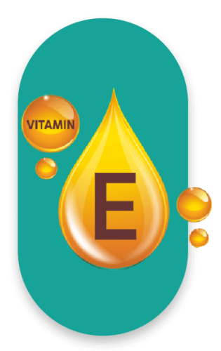 An illustration features a golden droplet with the letter "E" in the center, representing Vitamin E. The droplet is accompanied by smaller golden droplets, one labeled "Vitamin." The background is a teal oval shape.