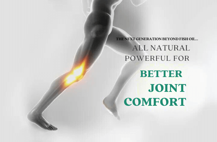 A grayscale image of a person's lower body in motion with a focus on the knee joint. The text reads "The next generation beyond fish oil... All natural powerful for better joint comfort." The knee area appears highlighted in a glowing orange color.