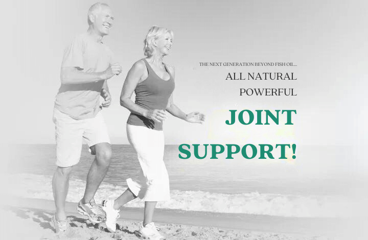 A black and white image of two elderly adults, a man and a woman, jogging on a beach. The text reads, "The next generation beyond fish oil... All natural powerful joint support!" The woman is smiling and wearing a tank top and pants, and the man is wearing shorts and a t-shirt.