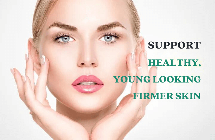 Close-up of a woman with clear, youthful skin gently touching her face. The text beside her reads "Support Healthy, Young Looking Firmer Skin" in black and green font. Her expression is serene and her makeup is minimal.