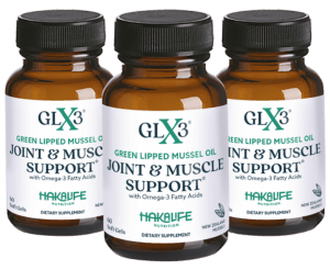 Three brown bottles of GLX3 Green Lipped Mussel Oil Joint & Muscle Support supplements with Omega-3 Fatty Acids. The bottles are labeled with the Hakaluhe Nutrition logo, and each contains 60 softgels. They're arranged side by side against a plain background.