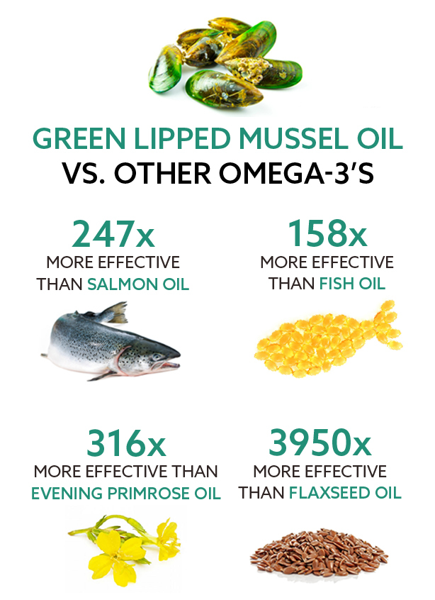 Infographic comparing green-lipped mussel oil to other omega-3 sources. The image shows green-lipped mussels and states it is 247x more effective than salmon oil, 158x more effective than fish oil, 316x more effective than evening primrose oil, and 3950x more effective than flaxseed oil.
