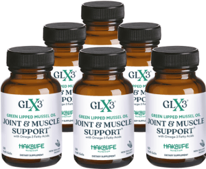 Image of five amber-colored bottles with black caps, labeled "GLX3 Green Lipped Mussel Oil Joint & Muscle Support with Omega-3 Fatty Acids." The bottles are branded with the name "NZPURE" and are dietary supplements.
