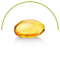A single yellow, oval-shaped gel capsule is centered on a white background with a green semicircular arc above it. The capsule appears to be reflective with a smooth, shiny surface.