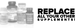 A product advertisement with several supplement bottles blurred in the background on the left and bold black text on the right that reads, "REPLACE ALL YOUR OTHER SUPPLEMENTS WITH MUSSEL OIL!