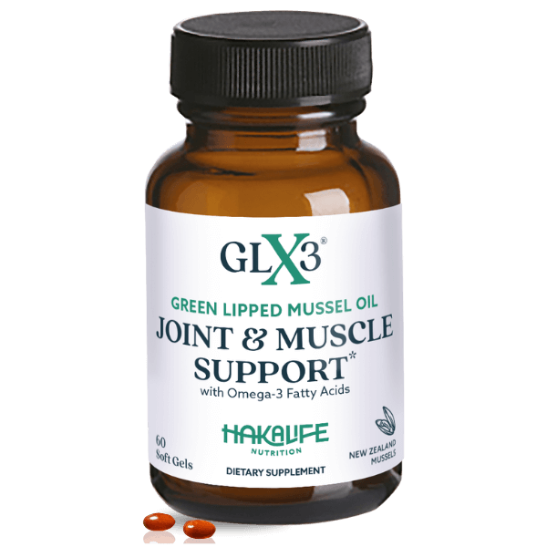 A brown bottle labeled "GLX3 Green Lipped Mussel Oil Joint & Muscle Support with Omega-3 Fatty Acids," containing 60 soft gels, is pictured. Two red soft gel capsules are placed in front of the bottle. The label indicates the product is by "Hakalife Nutrition.
