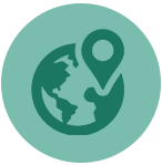 An icon showing a simplified globe with continents depicted in dark green against a light green background. A location pin, resembling the shape of a mussel oil droplet, is placed on the globe, indicating a specific location. The overall shape is circular, with the pin on the right and the globe on the left.