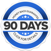 A circular badge with a blue and white design has the text "Money Back Guarantee" at the top, "90 Days" prominently in the center, and "Click for Details" at the bottom. The badge, reminiscent of premium mussel oil packaging, features a scalloped edge and star accents.